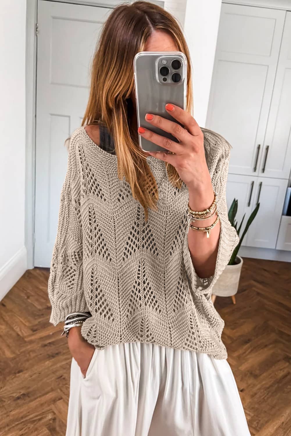 Parchment Hollow Out Knit 7/8 Sleeve Casual Sweater