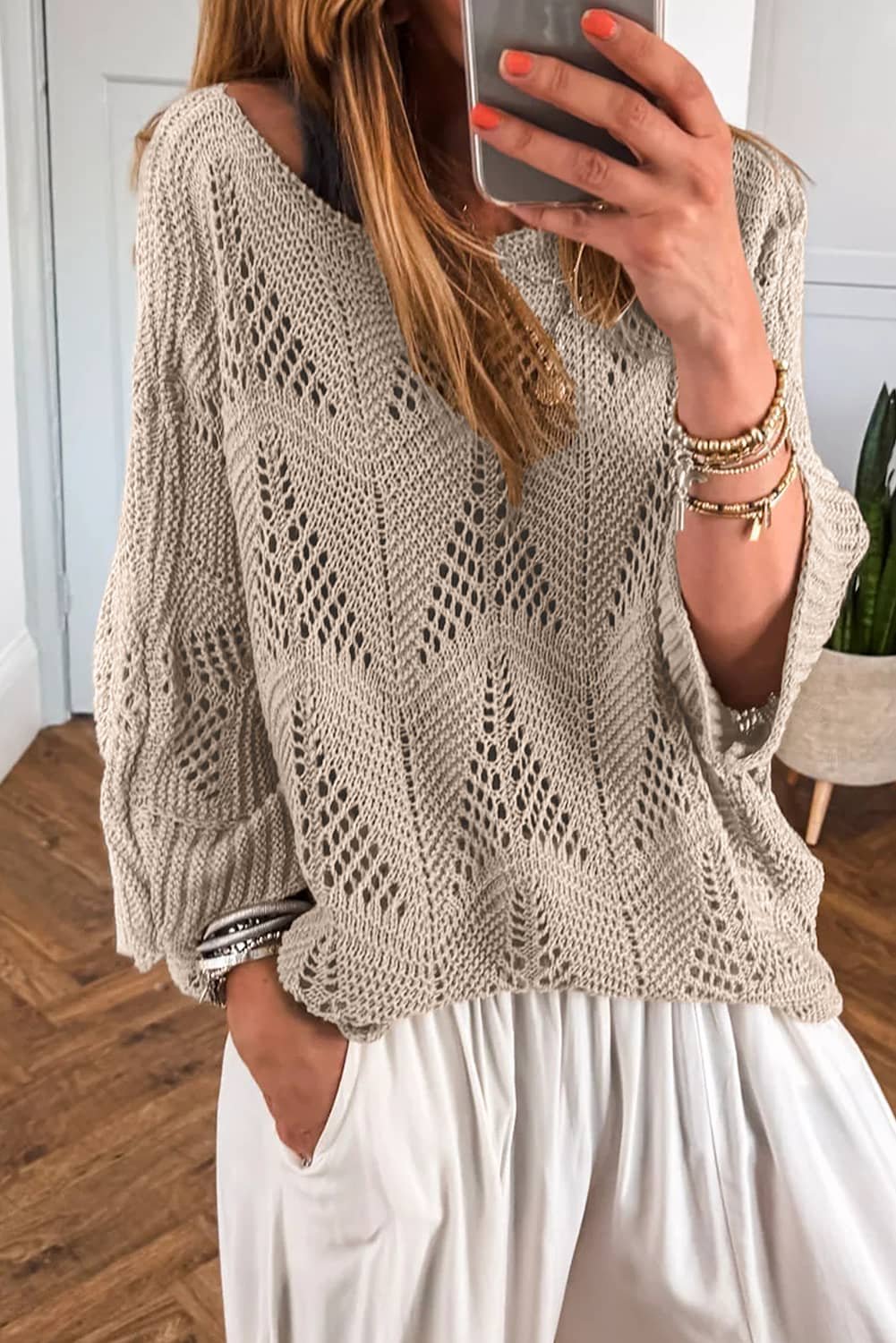 Parchment Hollow Out Knit 7/8 Sleeve Casual Sweater