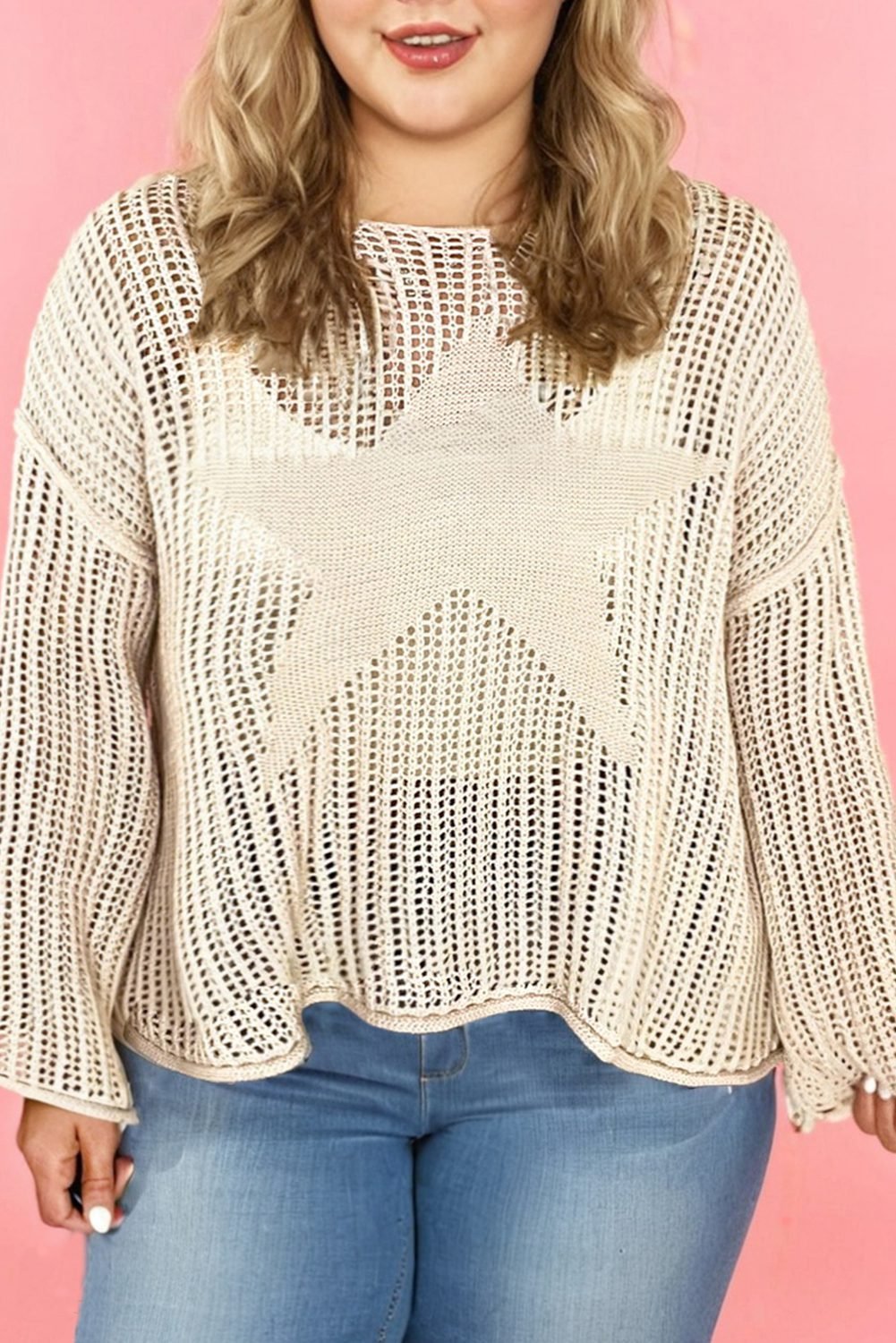 Parchment Hollow Out Knit Star Pattern Accent Plus Size Jumper