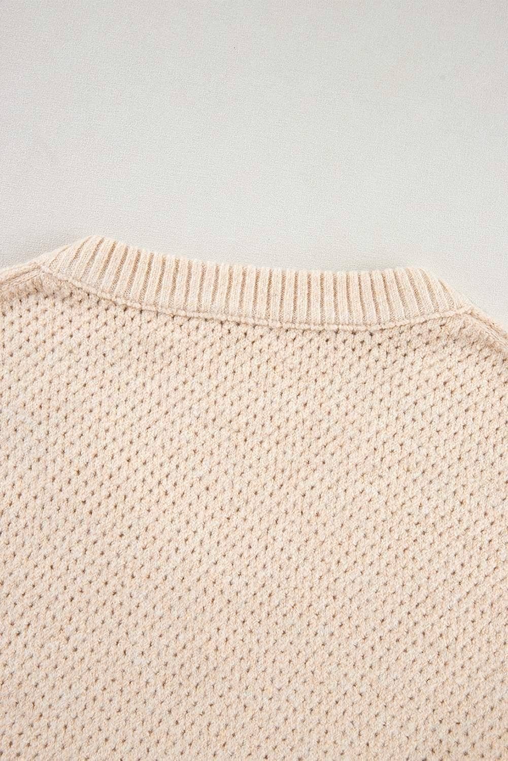 Parchment Loose Eyelet V Neck Drop Shoulder Sweater