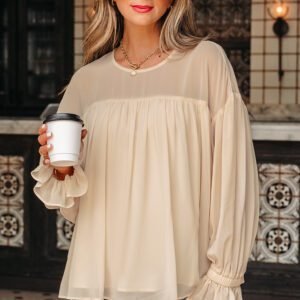 Parchment Pleated Ruffle Long Sleeve Chiffon Blouse