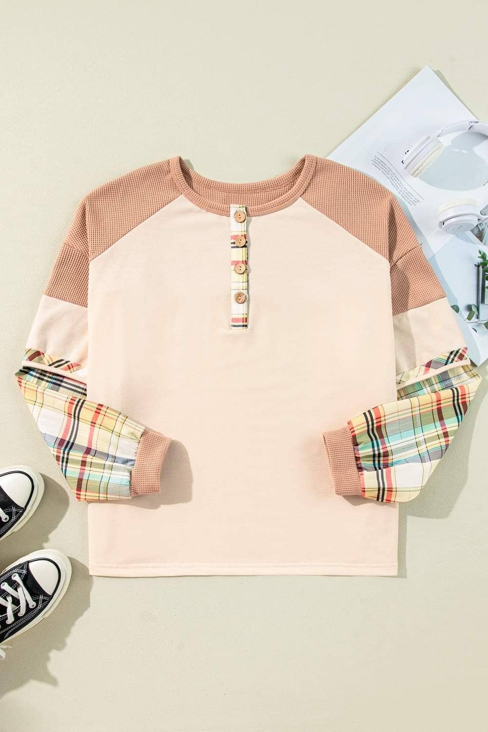 Parchment Plus Size Plaid Patchwork Layered Henley Top