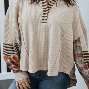 Parchment Plus Size Waffle Colorblock Striped Plaid Patchwork Half Button Pullover