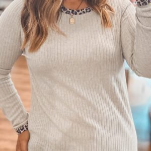 Parchment Ribbed Contrast Leopard Edge Round Neck Plus Knit Top