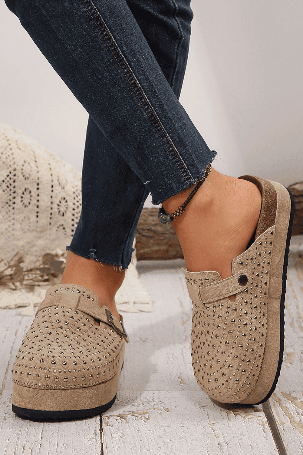 Parchment Rivet Buckle Closed Toe Platform Slippers