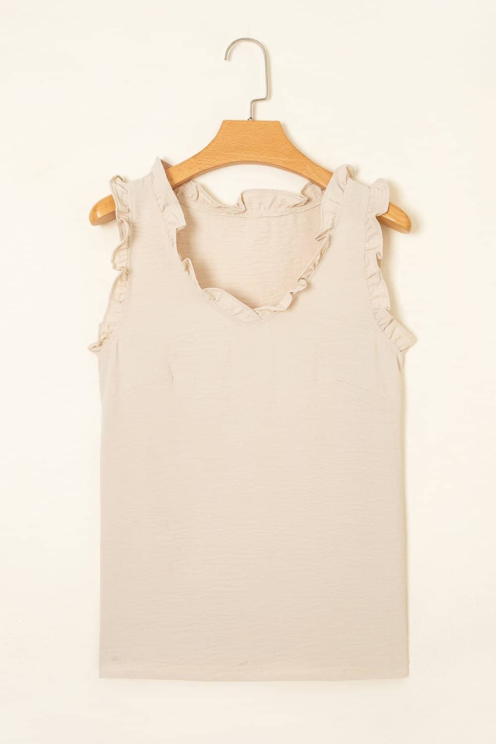 Parchment Textured Frilly Trim V Neck Sleeveless Top