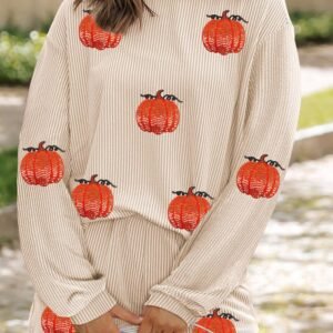 Parchment Twisted Rib Sequin Pumpkin Patched Long Sleeve Pullover And Shorts Set