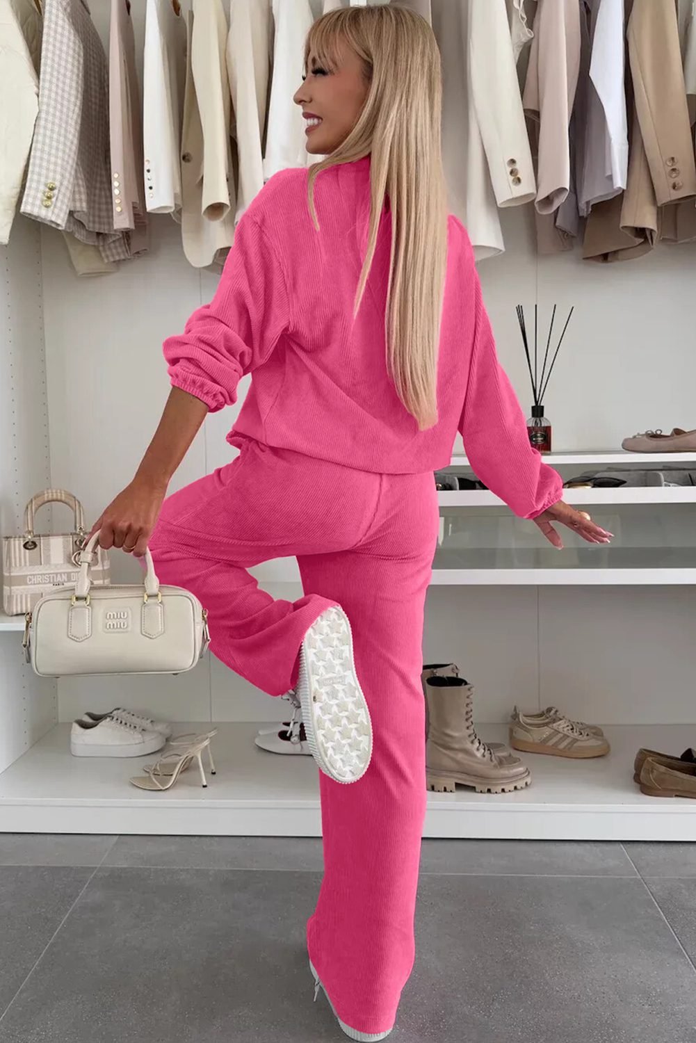 Peach Blossom Half Button Pullover Drawstring Pants Solid Color Corduroy 2Pcs Outfit