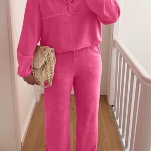 Peach Blossom Half Button Pullover Drawstring Pants Solid Color Corduroy 2Pcs Outfit