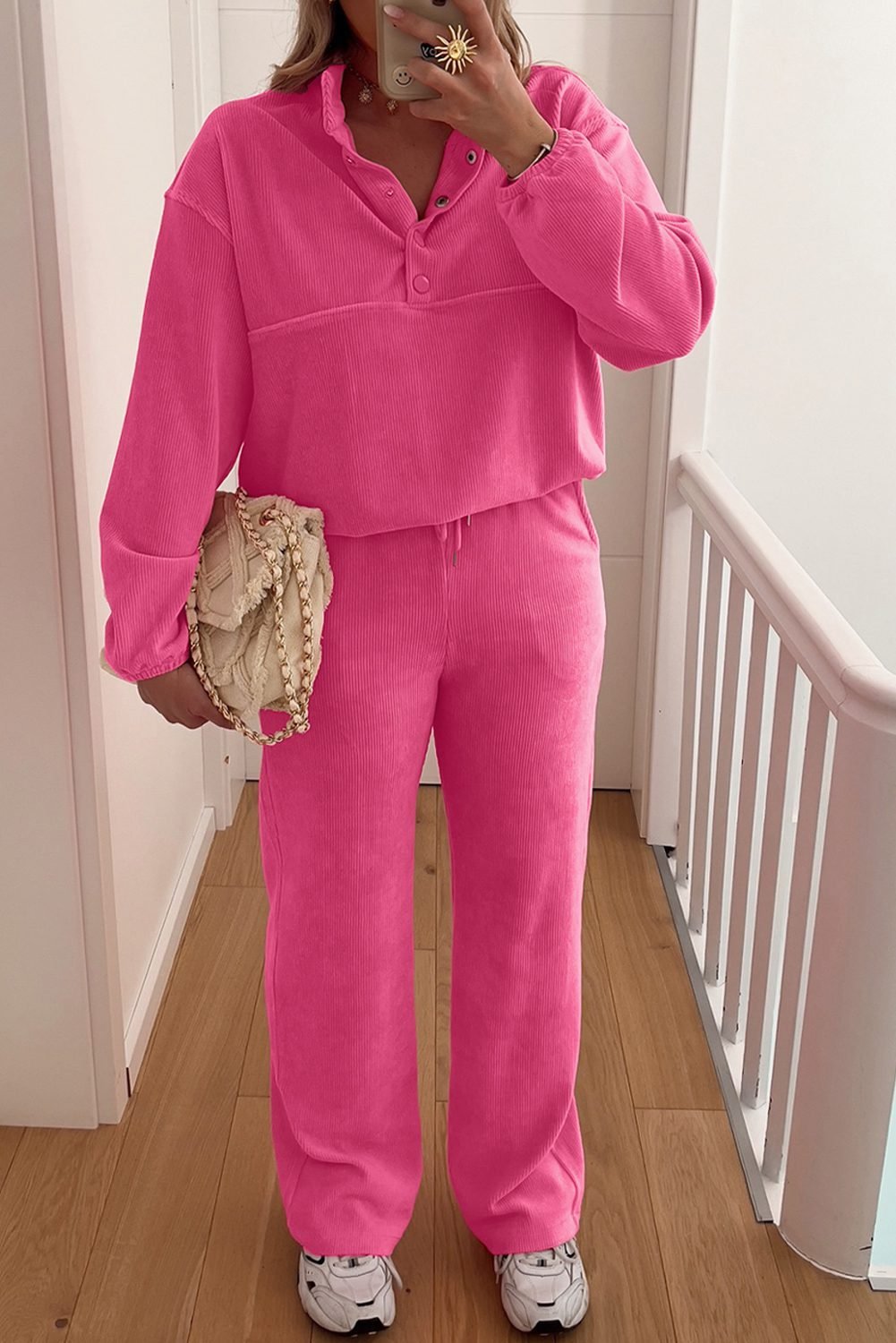 Peach Blossom Half Button Pullover Drawstring Pants Solid Color Corduroy 2Pcs Outfit
