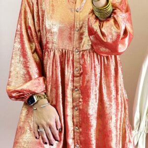 Peach Blossom Metallic Balloon Sleeve Shirt Plus Size Mini Dress