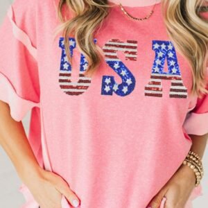 Peach Blossom Usa Color Block High Low Crew Neck T Shirt