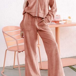 Peach Blossom Velvet Zip-Up Hoodie And Wide Leg Pants Set