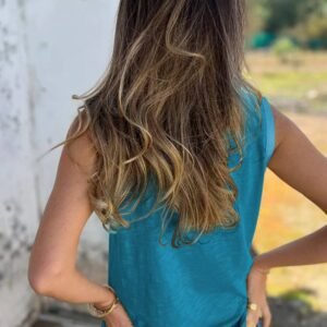 Peacock Blue Metallic Sheen Edge Scoop Neck Tank Top