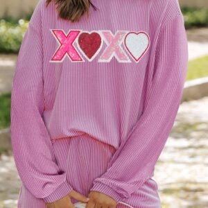 Phalaenopsis Corded Sequined Xoxo Heart Valentines Long Sleeve Shorts Set
