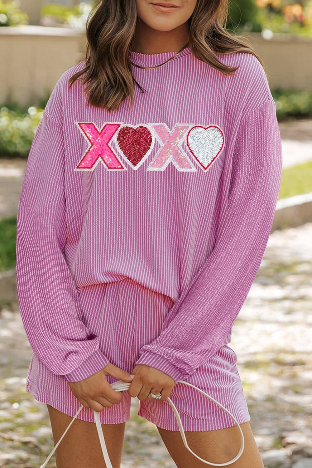 Phalaenopsis Corded Sequined Xoxo Heart Valentines Long Sleeve Shorts Set