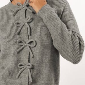 Philippine Gray Ribbed Knit Bow Front Buttoned Cardigan