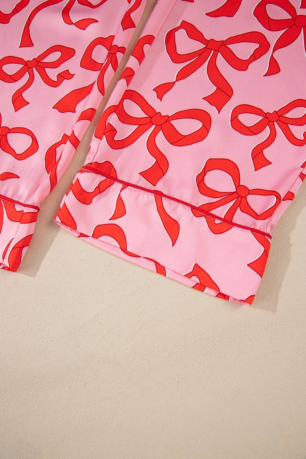 Pink 2Pcs Bow Print Shirt Style Long Sleeve Pajama Set
