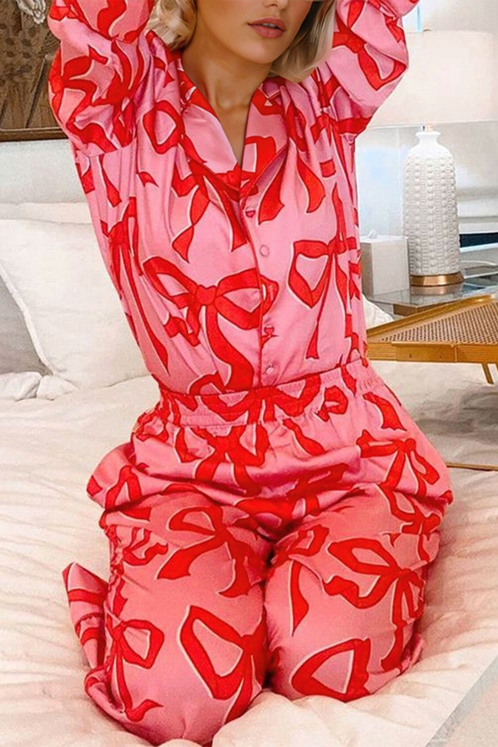 Pink 2Pcs Bow Print Shirt Style Long Sleeve Pajama Set