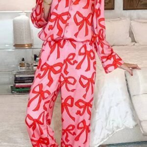 Pink 2Pcs Bow Print Shirt Style Long Sleeve Pajama Set