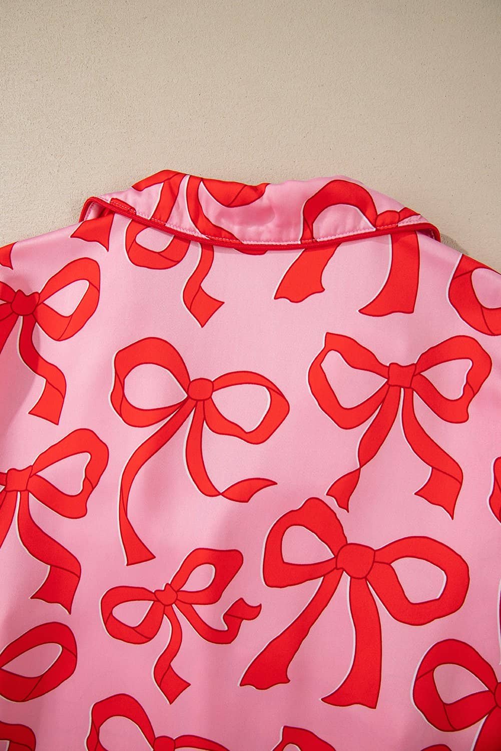 Pink 2Pcs Bow Print Shirt Style Long Sleeve Pajama Set