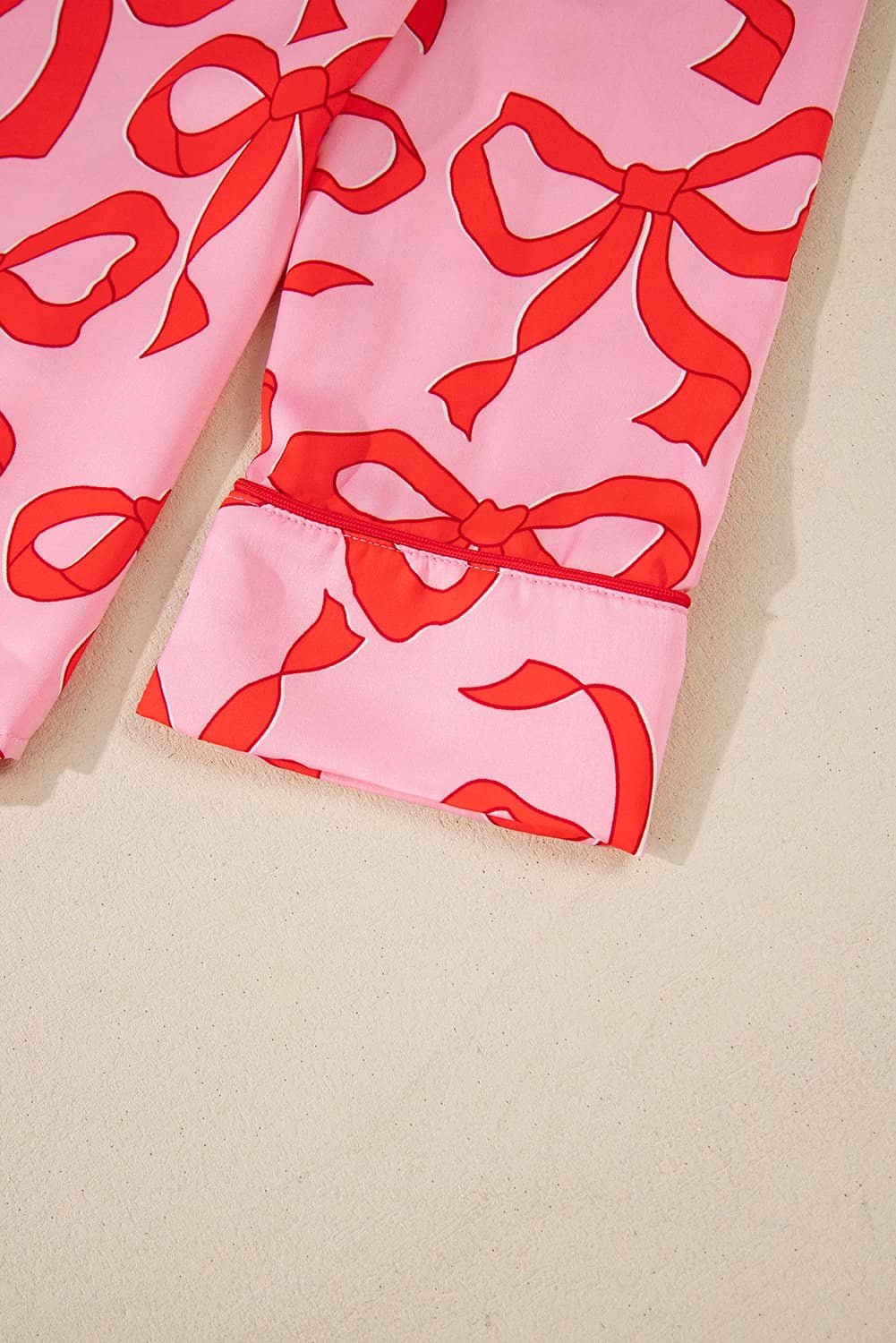 Pink 2Pcs Bow Print Shirt Style Long Sleeve Pajama Set