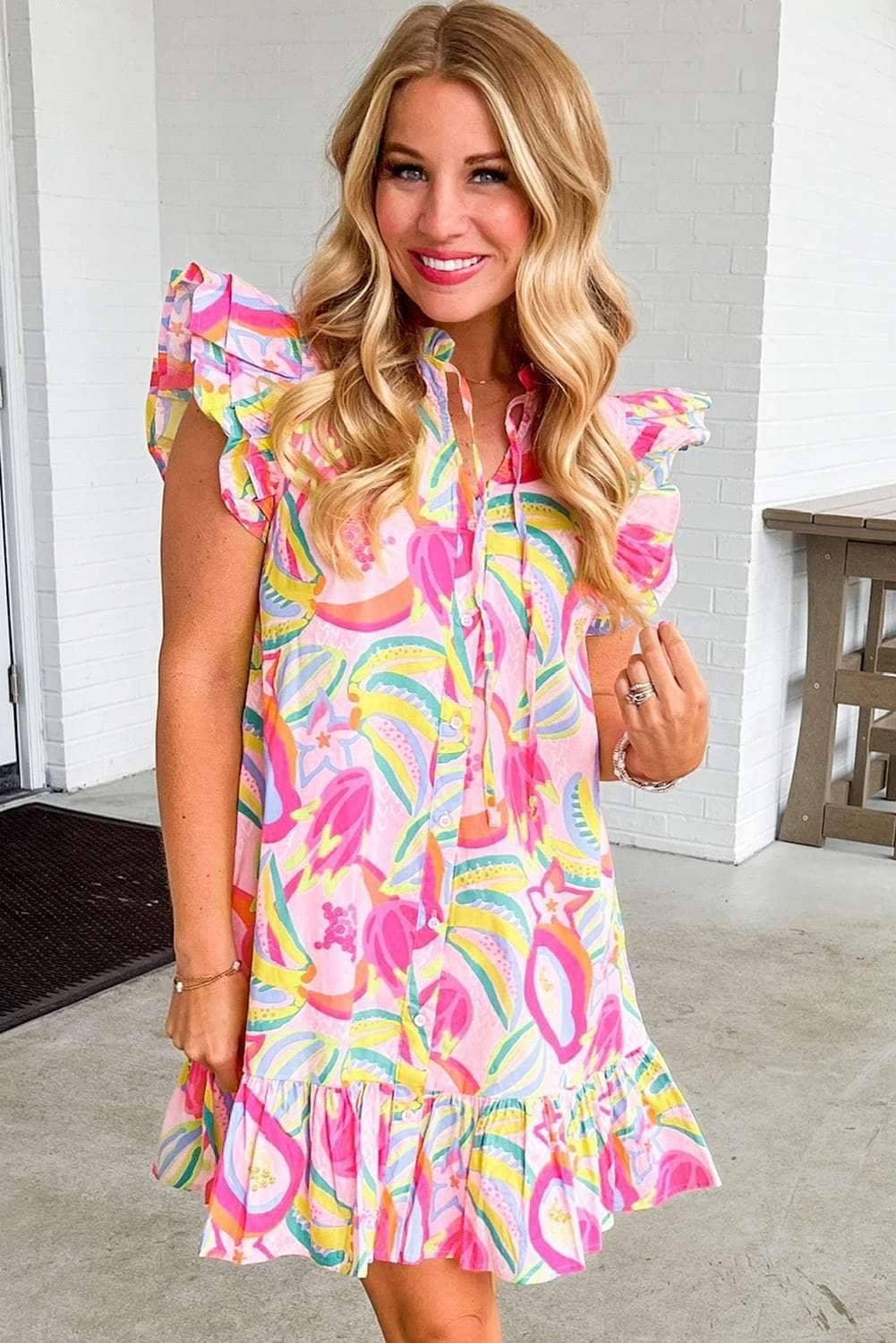 Pink Abstract Floral Ruffle Trim Flutter Sleeve Buttoned Dress