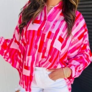 Pink Abstract Print Batwing Sleeve Casual Shirt