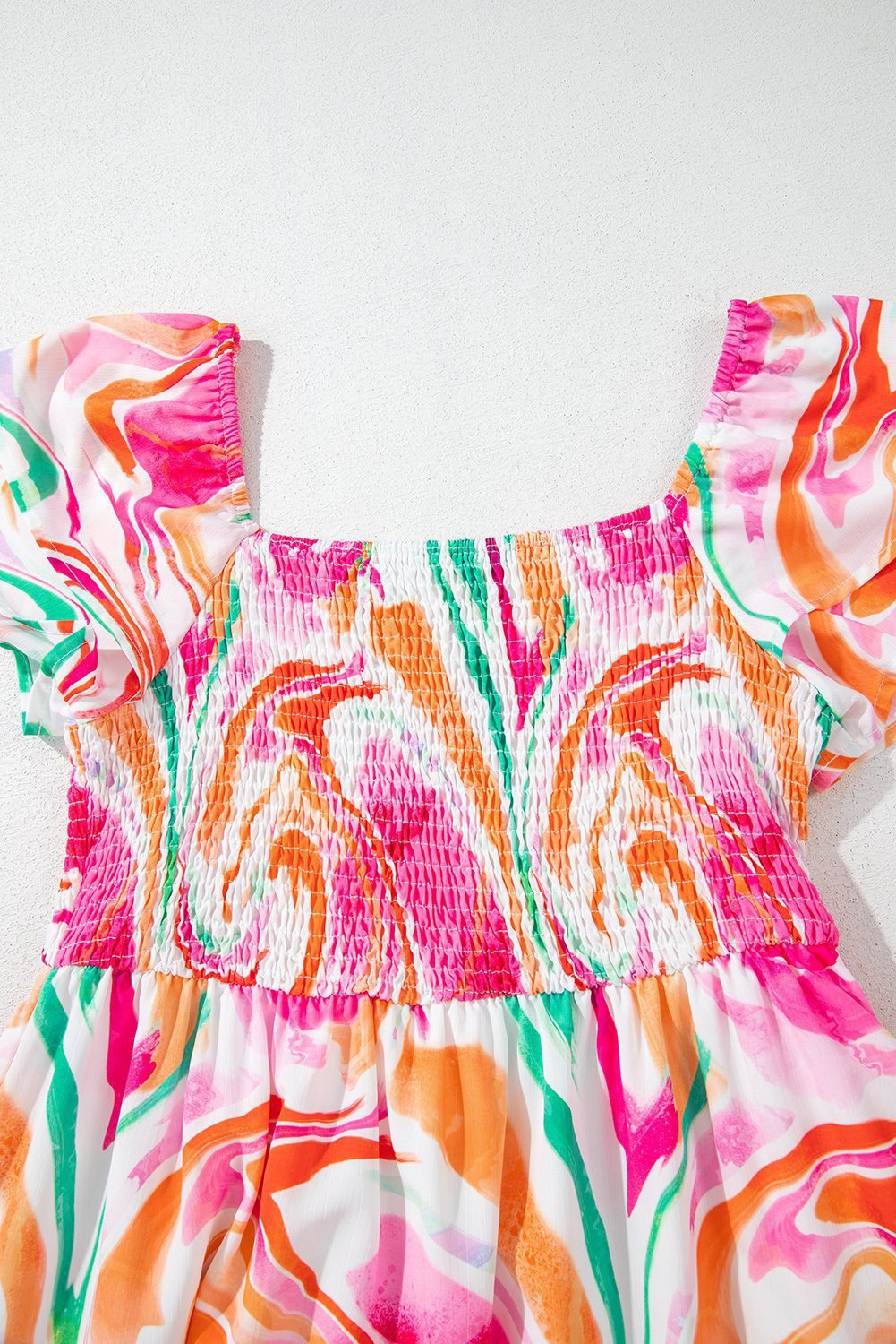 Pink Abstract Print Ruffled Sleeve Smocked Bust Maxi Dress