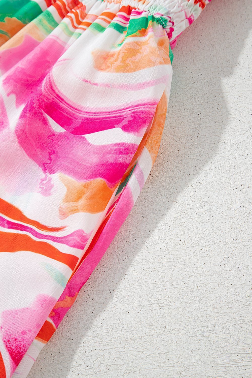 Pink Abstract Print Ruffled Sleeve Smocked Bust Maxi Dress