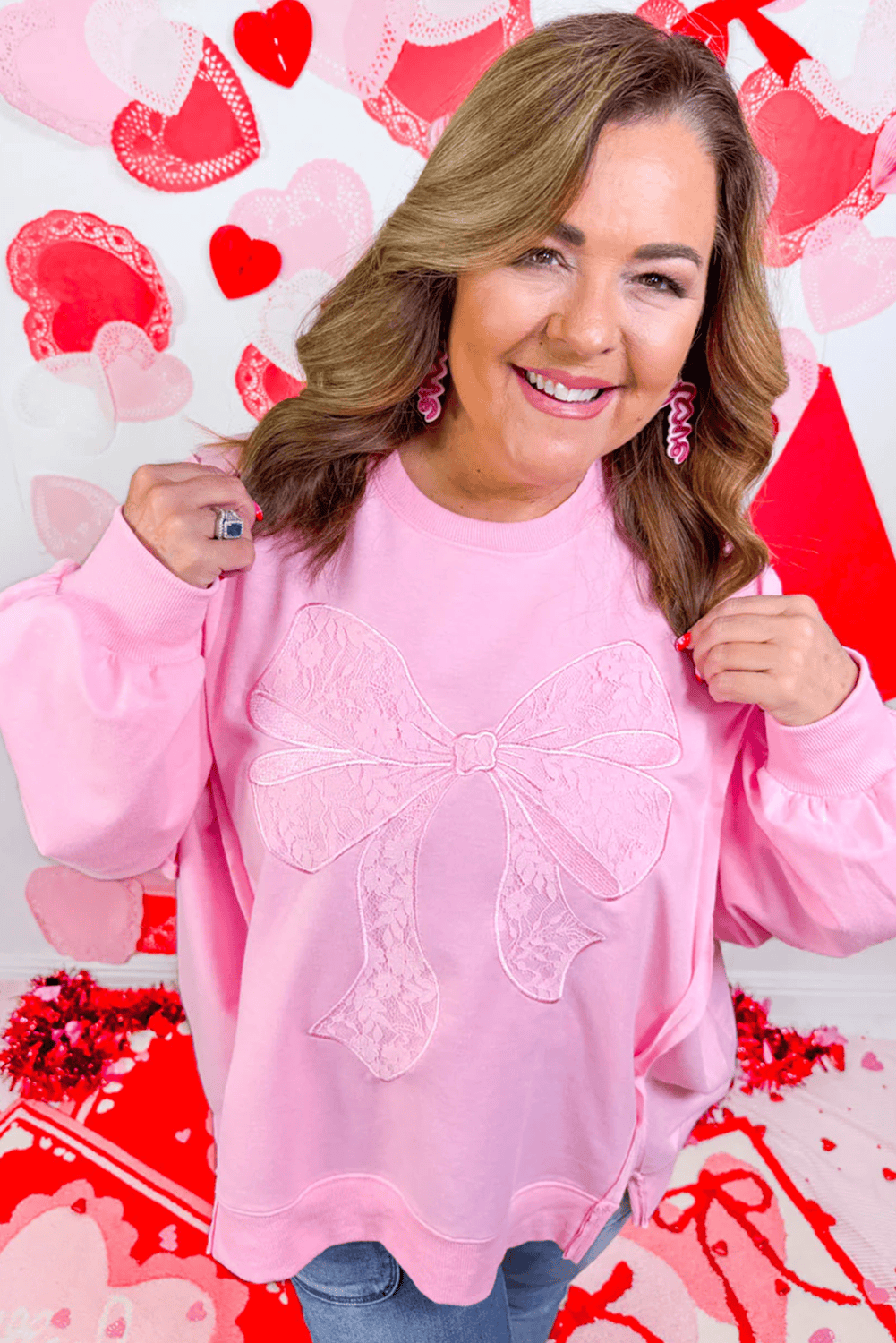 Pink Big Bow Lace Embroidered Dolman Sleeve Slit Plus Size Sweatshirt