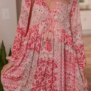 Pink Bohemian Floral Print Tassel Tie Long Sleeve Flowy Mini Dress