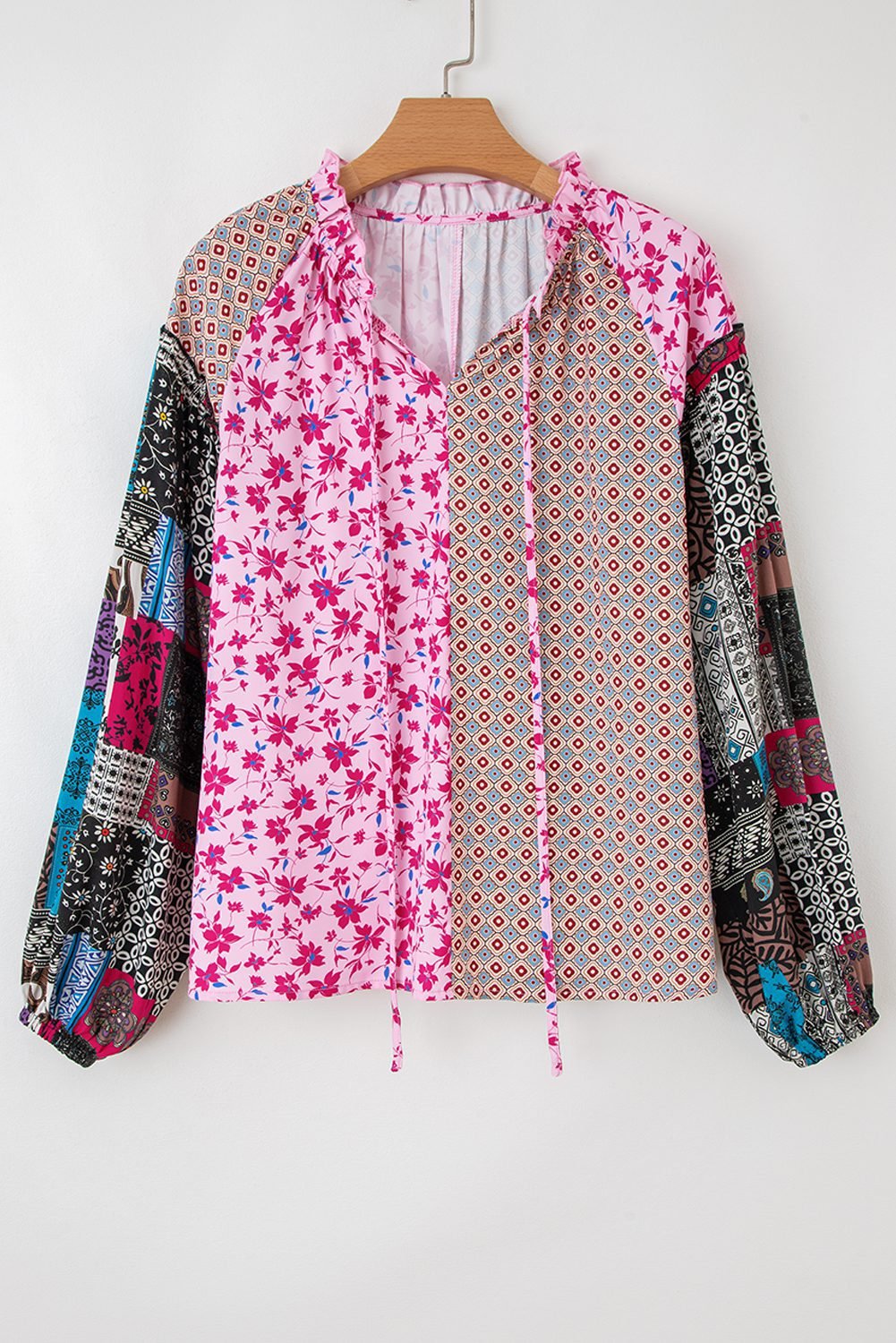 Pink Boho Mixed Floral Drop Shoulder Bubble Sleeve Blouse