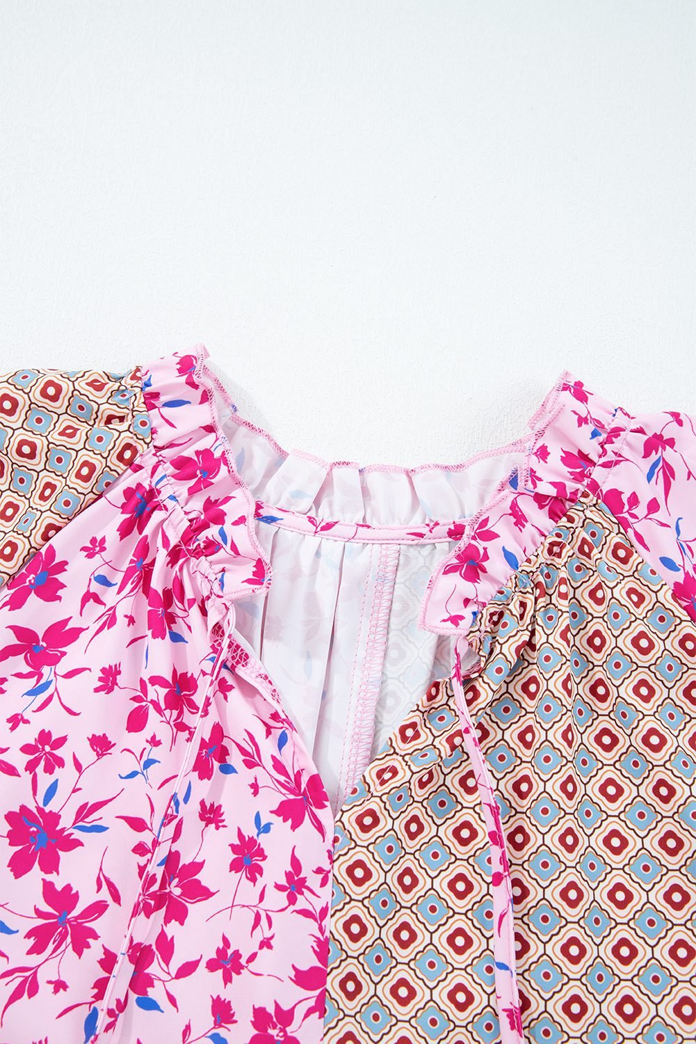 Pink Boho Mixed Floral Drop Shoulder Bubble Sleeve Blouse