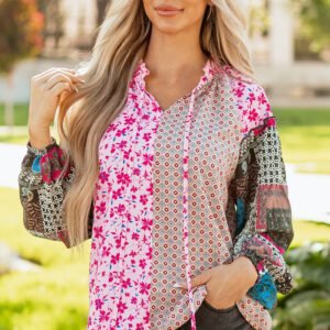 Pink Boho Mixed Floral Drop Shoulder Bubble Sleeve Blouse