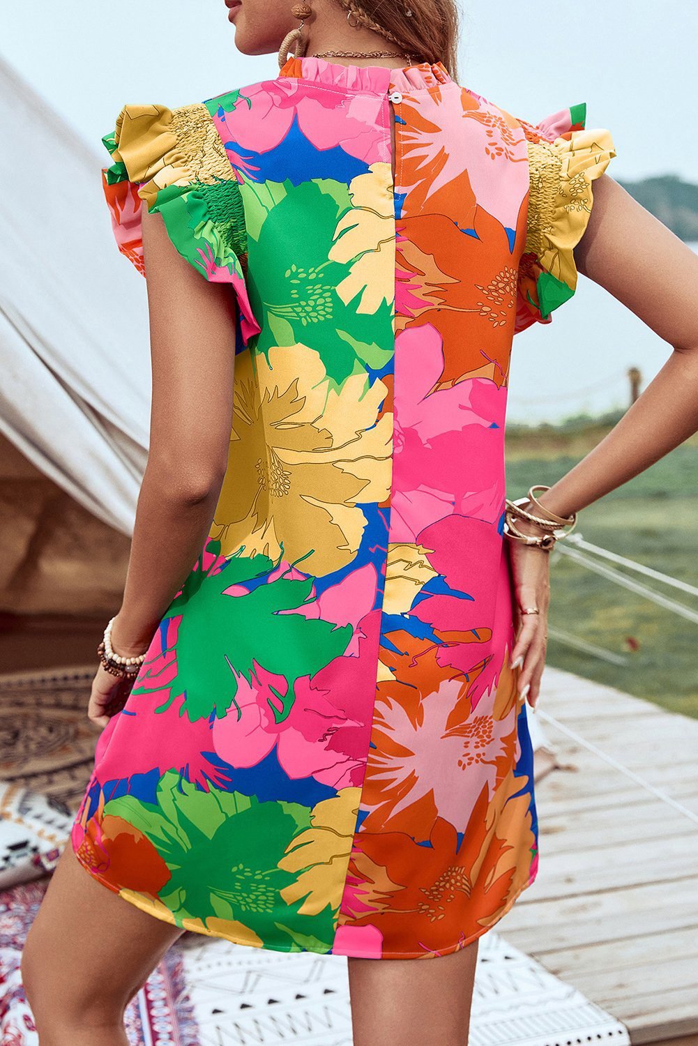 Pink Bold Floral Flutter Sleeve Shift Mini Dress With Pockets