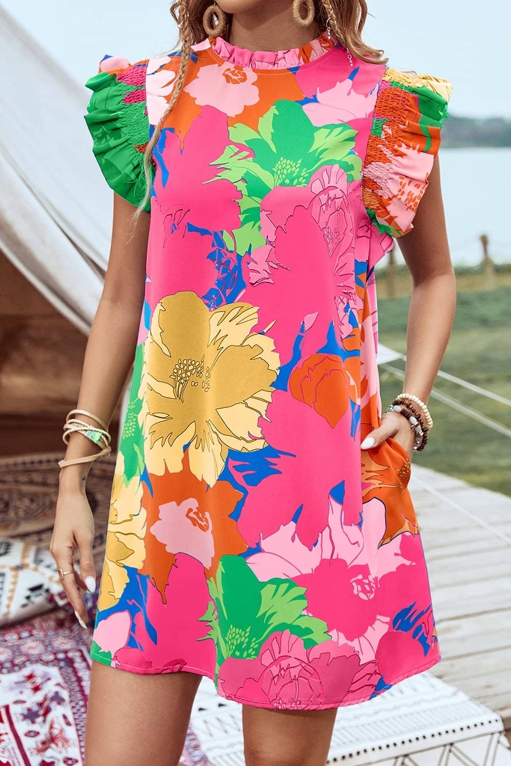 Pink Bold Floral Flutter Sleeve Shift Mini Dress With Pockets