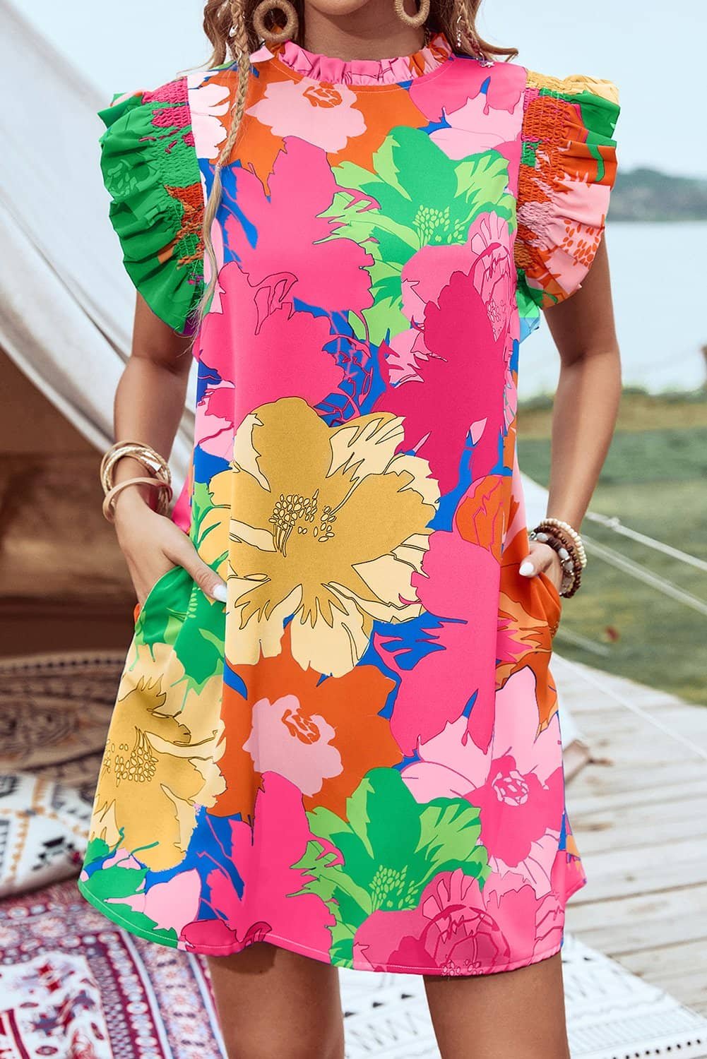 Pink Bold Floral Flutter Sleeve Shift Mini Dress With Pockets