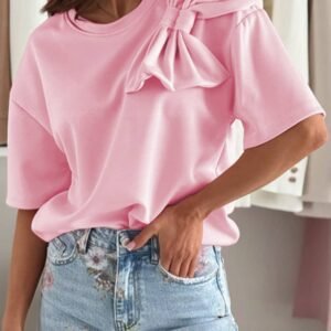 Pink Bow Applique Half Sleeve T-Shirt