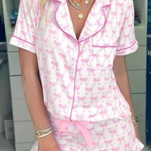 Pink Bowknot Printed Short Sleeve And Ruffled Shorts Valentines Pajama Set