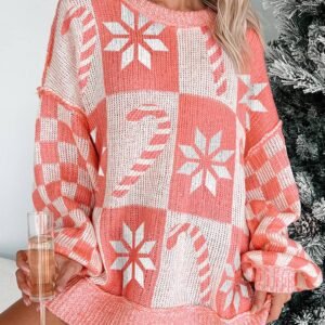 Pink Candycane Snowflake Checker Christmas Holiday Drop Shoulder Tunic Loose Sweater