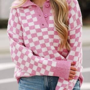 Pink Checkered Buttons Collar V Neck Drop Shoulder Sweater