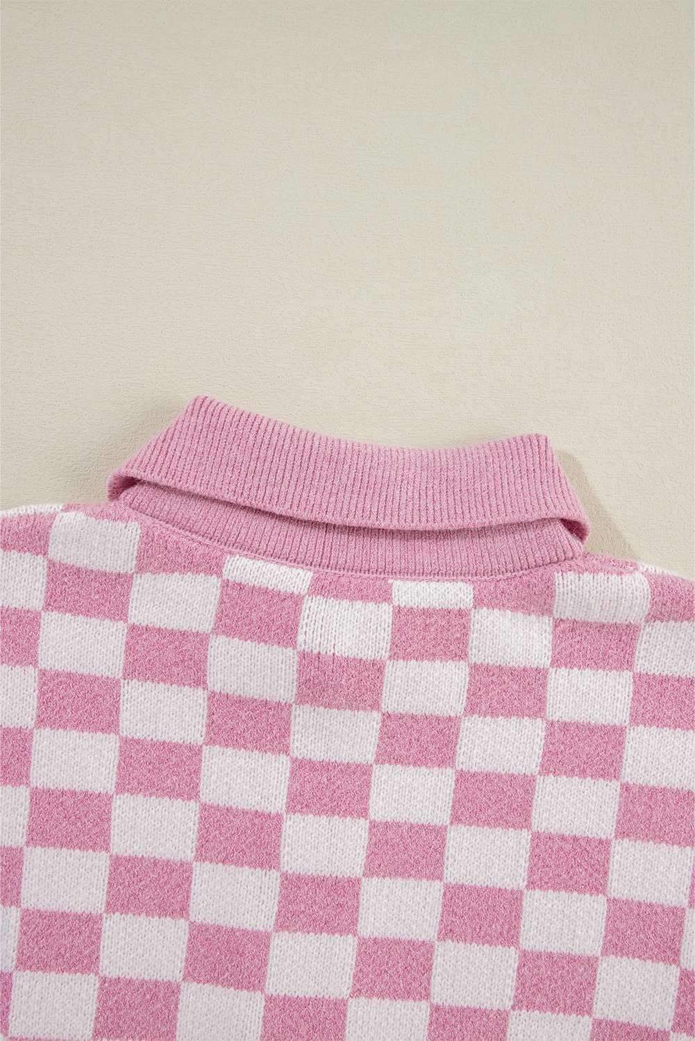 Pink Checkered Buttons Collar V Neck Drop Shoulder Sweater