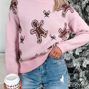 Pink Christmas Ginger Bread Man Print Round Neck Casual Sweater
