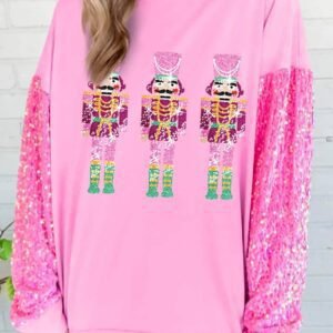 Pink Christmas Nutcracker Graphic Sequin Sleeve Sweatshirt