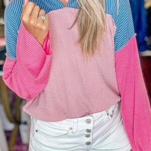 Pink Color Block Patchwork Corded Knit Loose Fit Hoodie