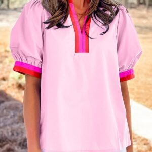 Pink Contrast Striped V Neck Collision Short Puff Sleeve Blouse