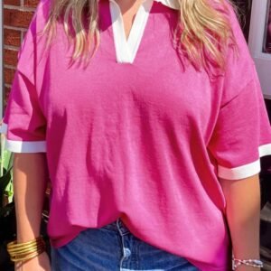 Pink Contrast Trim Collared Split Neck Short Sleeve Plus Size Top