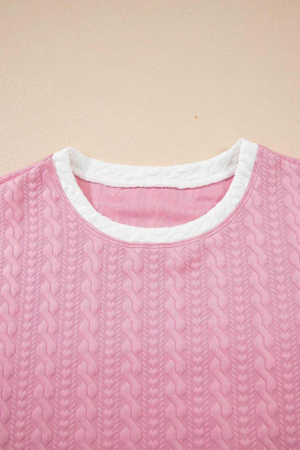Pink Contrast Trim Textured Crewneck Tee And Pocketed Skirt Set