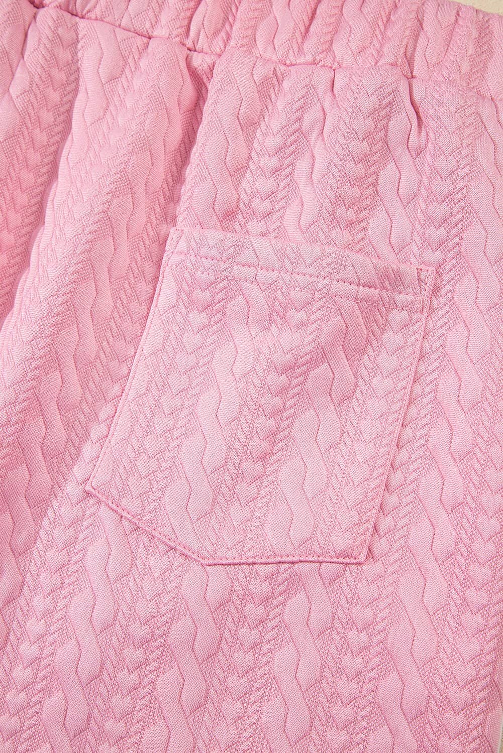Pink Contrast Trim Textured Crewneck Tee And Pocketed Skirt Set